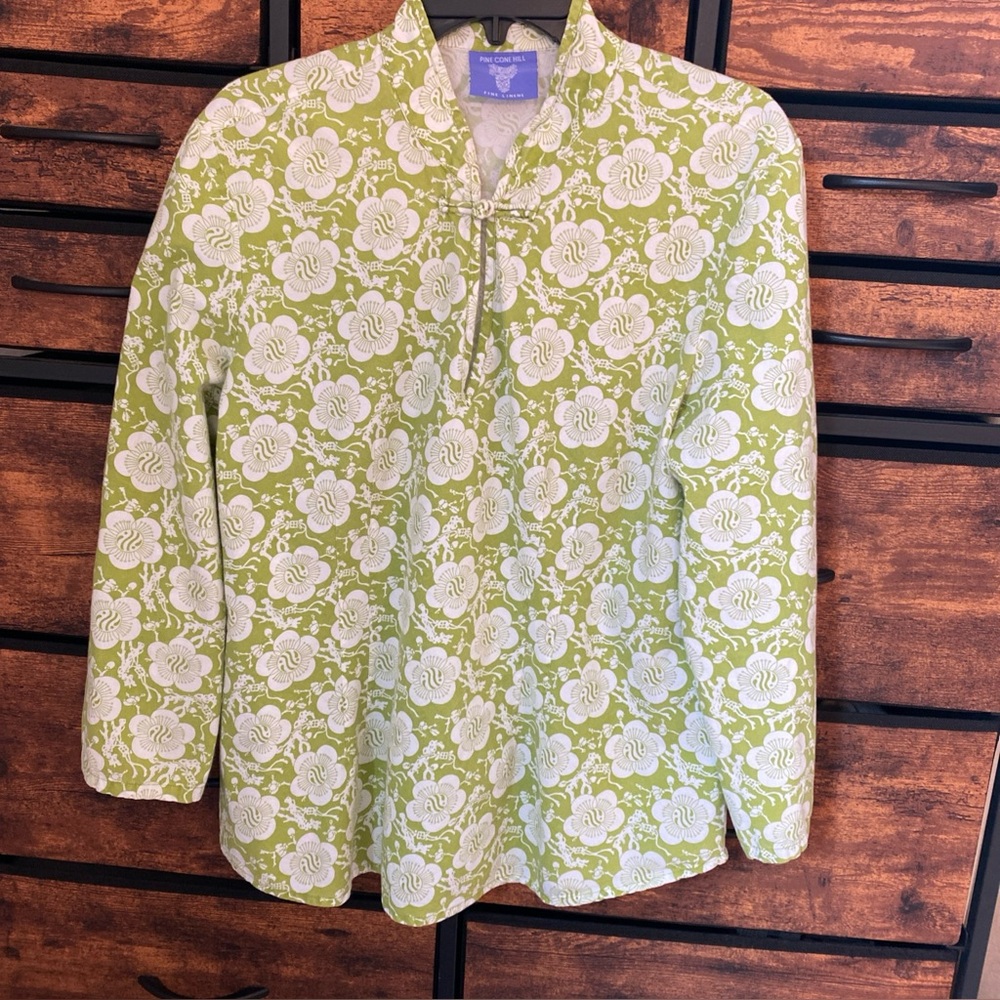 Women’s Pine Cone Hill Tunic Frog Closure Fine Linens 100% Cotton Size XL Green